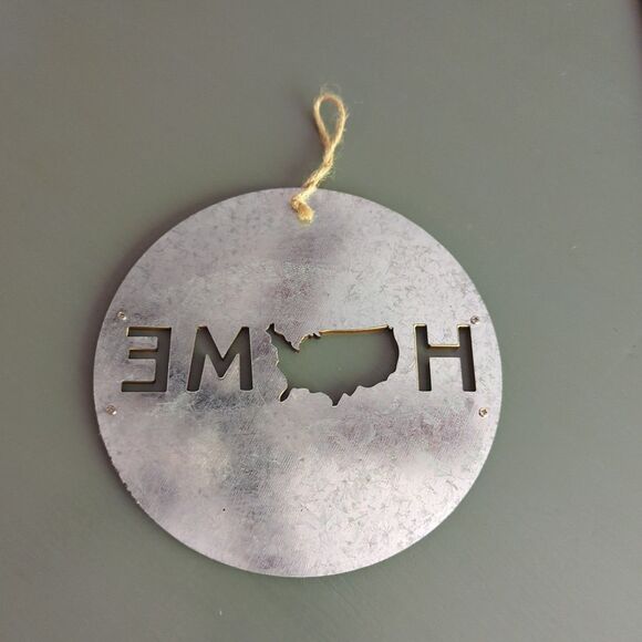 Home Sign Galvanized Metal Wood Round Farmhouse USA Map Ornament - Picture 3 of 3